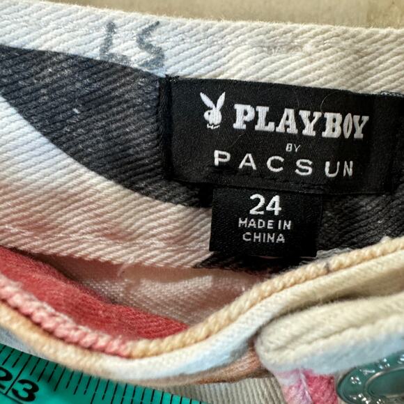 PLAYBOY PACSUN JEANS 70s HIGH RISE BOYFRIEND ALL OVER PRINT LOGO RETRO SZ 24 XS - Picture 12 of 12